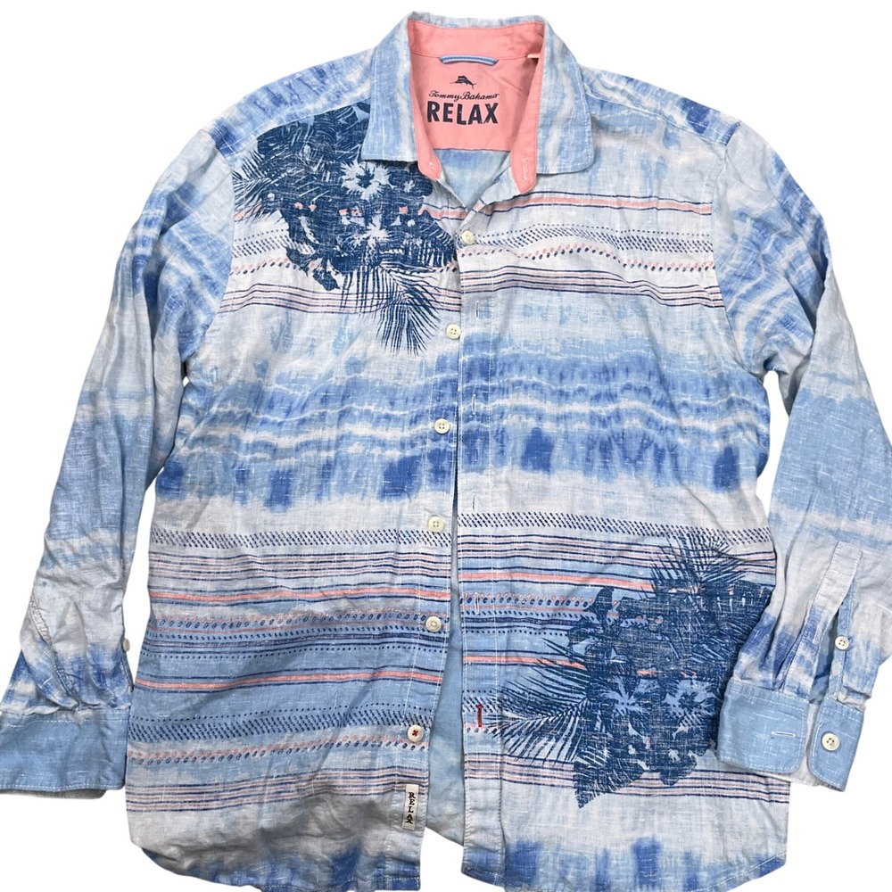 Tommy Bahama Shirt Mens XXL Blue Relaxed Tie Dye‎ Tropical Linen Summer Beach